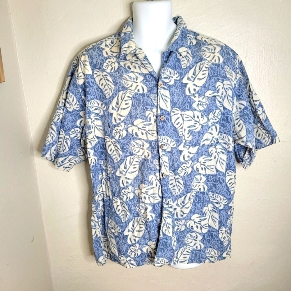 Op Tropical Palm Leaves Hawaiian Print Camp Shirt Men's Large Blue